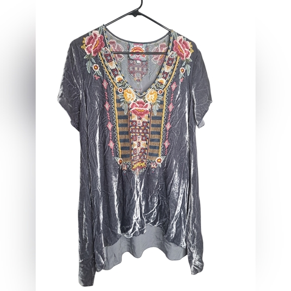 Johnny Was Tops - Johnny Was Cherelle Gray Velvet Embroidered Drape Peasant Boho Blouse Sz L
